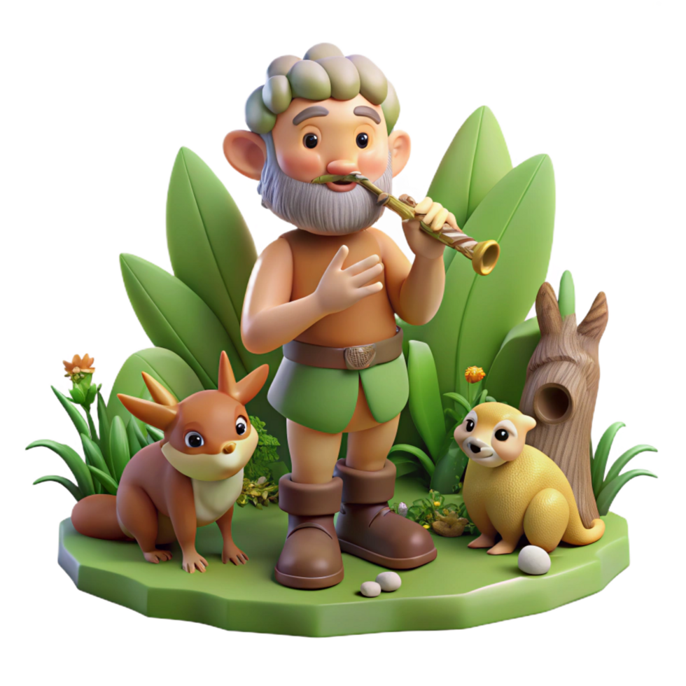 elegant joyful traditional A mischievous Pan, god of the wild, playing his pipes, surrounded by woodland creatures. Romantic style elite png