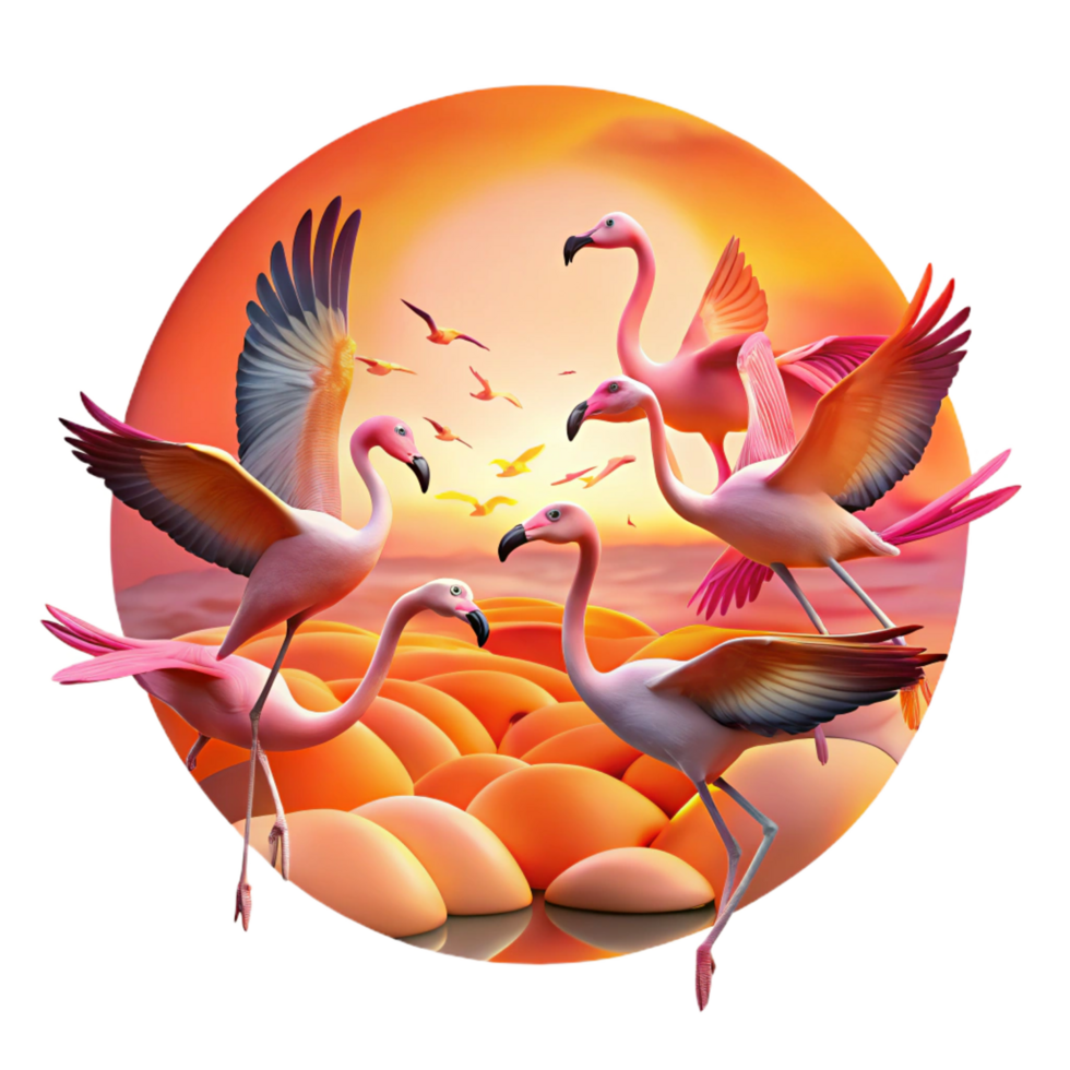 unparalleled classic A flock of flamingos taking flight against a fiery sunset, vibrant pinks and oranges, abstract painting style original png