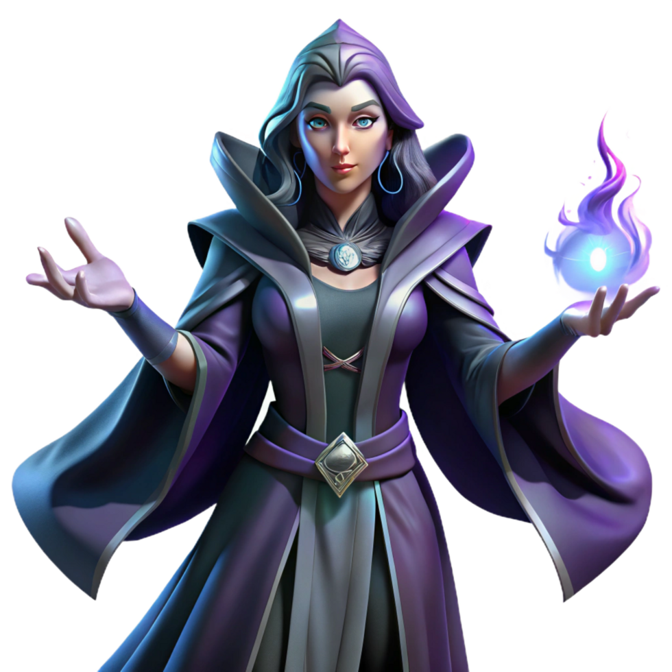 spectacular ethereal industrial Portrait of a powerful sorceress with flowing robes, glowing hands, and an intense gaze. Dark, magical lighting. Fantasy art style premium png