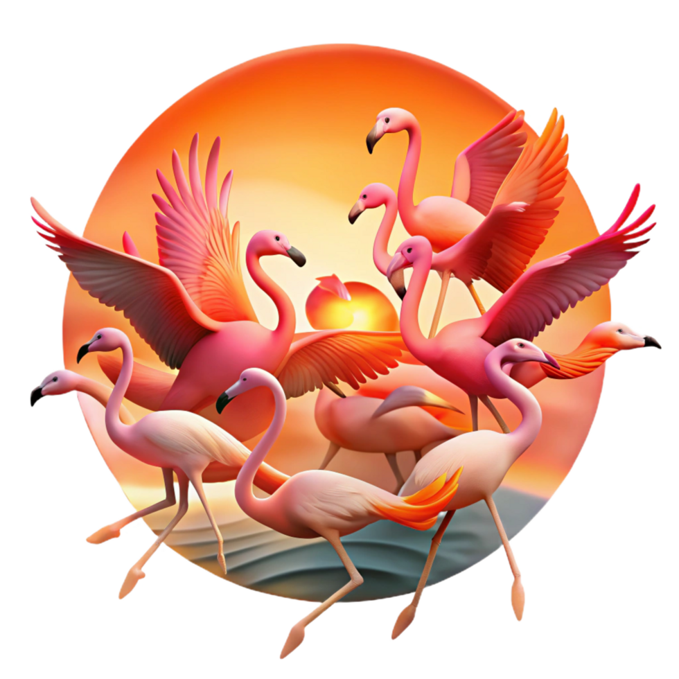 breathtaking harmonious industrial A flock of flamingos taking flight against a fiery sunset, vibrant pinks and oranges, abstract painting style high resolution png
