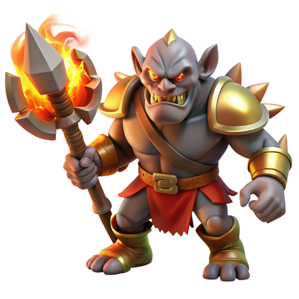 nostalgic immaculate A fierce orc warrior wielding a flaming battleaxe, dramatic backlighting from an erupting volcano, realistic style authentic png