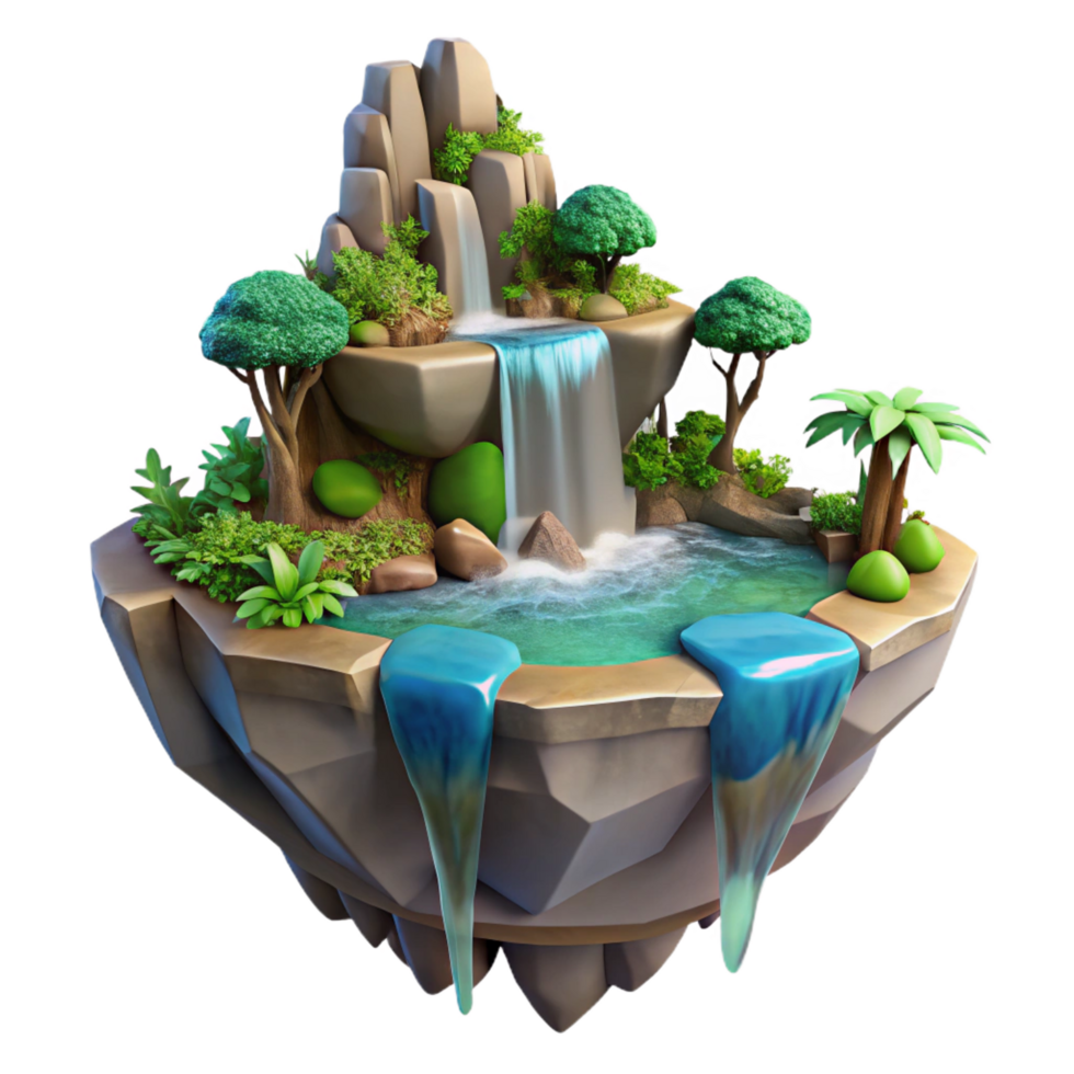 breathtaking iconic A floating island with waterfalls, lush vegetation, soft diffuse lighting, fantasy style, png