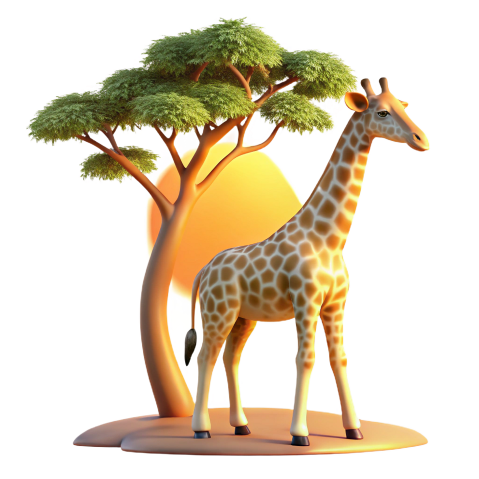 exemplary industrial A graceful giraffe reaching for leaves on a tall tree, realistic style, warm sunset lighting, long shadows refined png