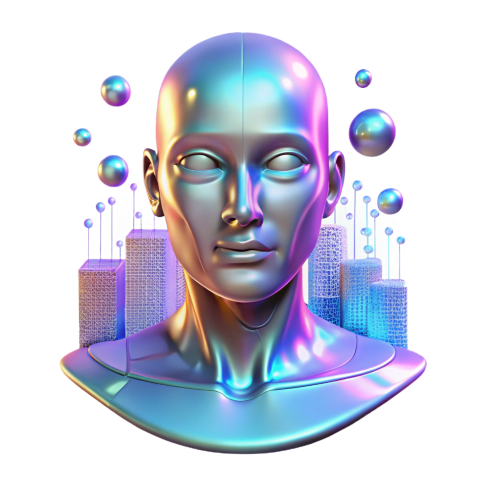 dynamic striking A holographic projection of a human face glitching and distorting, surrounded by binary code. Abstract style, neon colors fine detail png