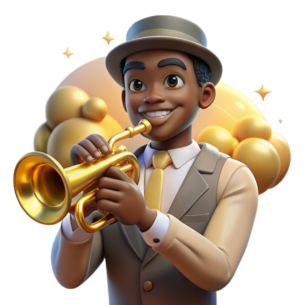 inspired organic Portrait of a jazz musician with a trumpet, bathed in the smoky, golden light of a nightclub, art deco style fine detail png