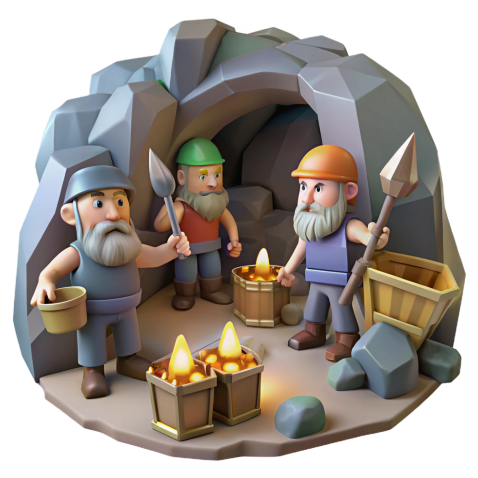 wonderful iconic A group of dwarves mining for gems, dimly lit cave, realistic style png