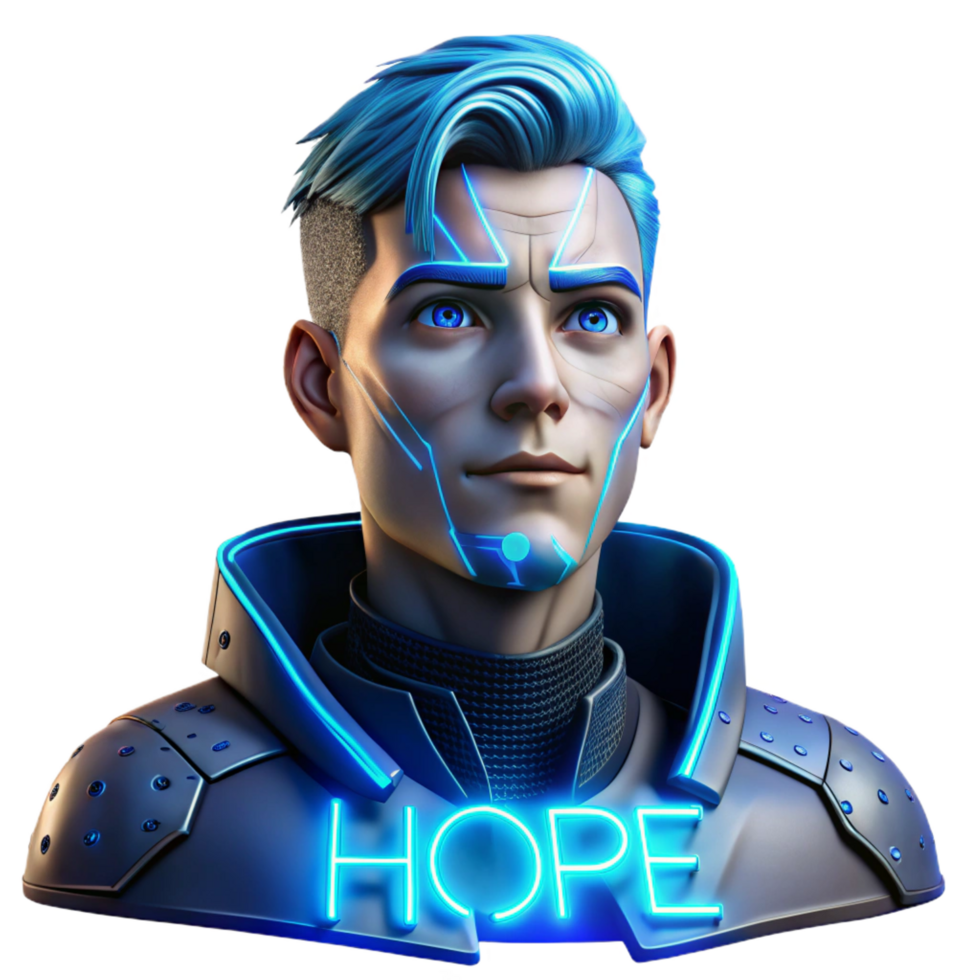 mesmerizing impressionist Portrait of a stoic cyborg with glowing blue circuitry visible beneath cracked porcelain skin, half lit by a neon sign reading Hope, cyberpunk style 4K png