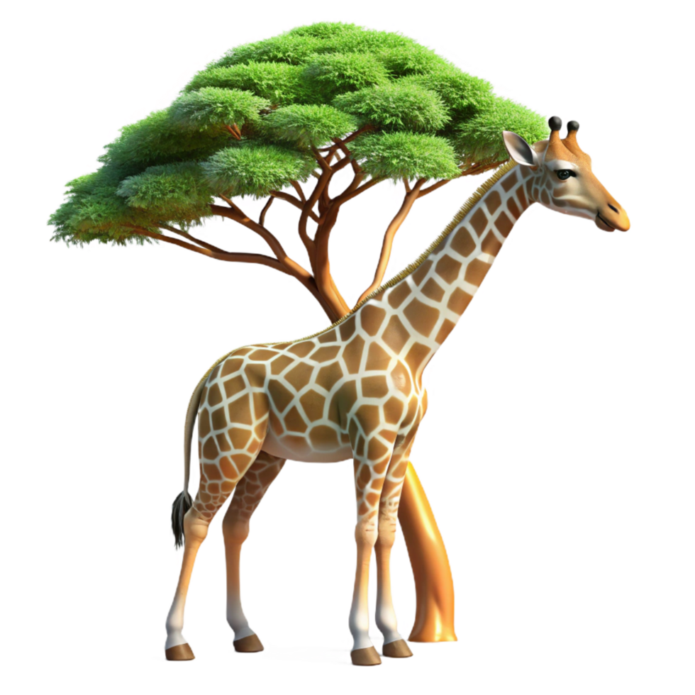 playful serene A majestic giraffe reaching for leaves in a tall tree, African savanna setting, realistic rendering 8K png