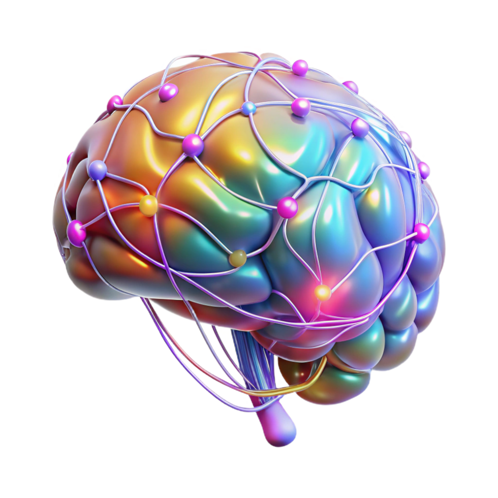 ethereal hypnotic A holographic projection of a human brain, intricate neural pathways illuminated in different colors, dark background, scientific visualization style ultra HD png