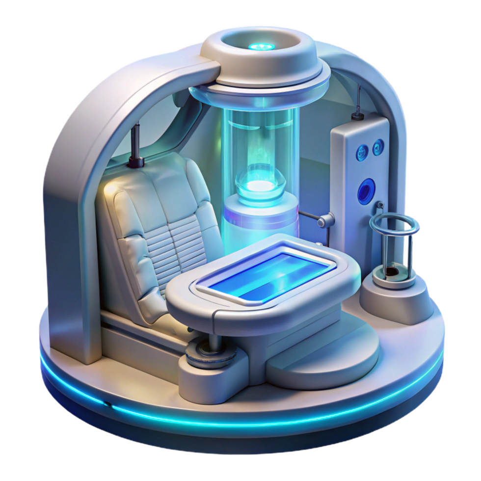 remarkable industrial A futuristic medical bay with holographic displays and advanced technology, bathed in the cool, sterile light. Medical illustration style, clean and precise flawless png