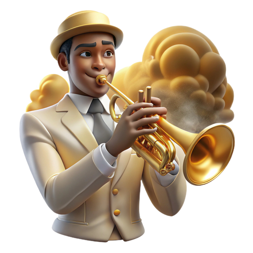 majestic mid century Portrait of a jazz musician with a trumpet, bathed in the smoky, golden light of a nightclub, art deco style sharp png