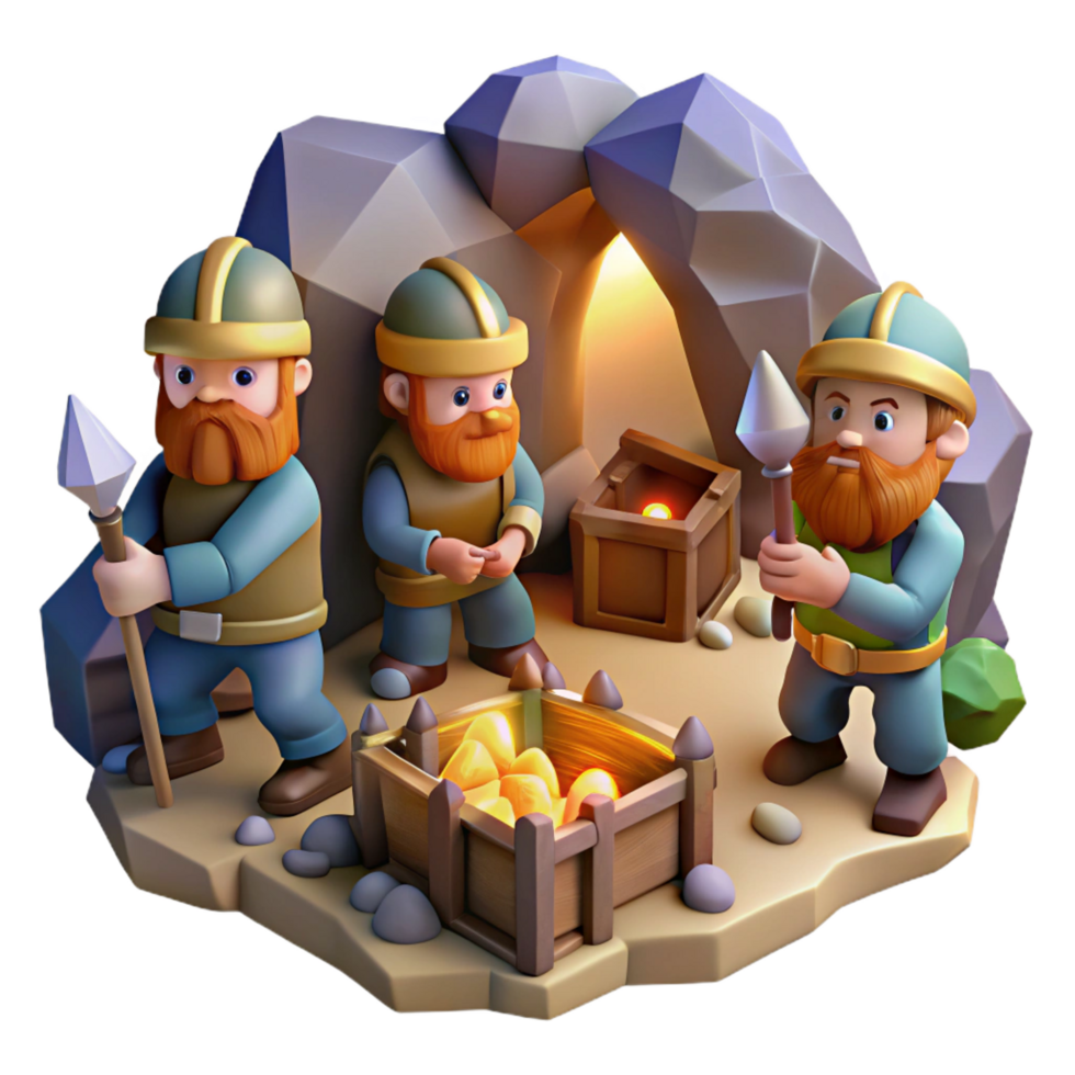 mesmerizing intense coastal A group of dwarves mining for gems, dimly lit cave, realistic style flawless png