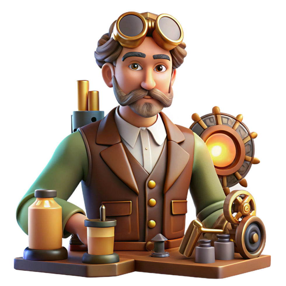 splendid modern A portrait of a steampunk inventor in his workshop, surrounded by tools and gadgets, warm, ambient lighting, realistic style detailed png