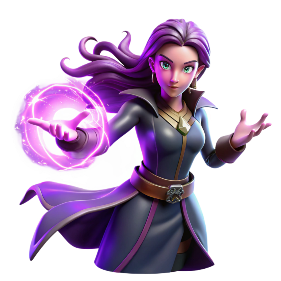 splendid whimsical minimalist A powerful sorceress casting a spell with swirling purple energy, dramatic backlighting, comic book style original png