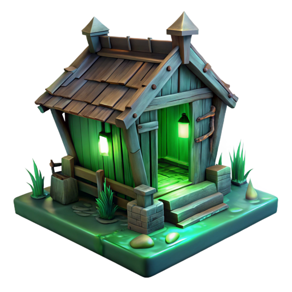 immaculate industrial A dilapidated wooden shack in a swamp, eerie green lighting, horror style, high resolution png