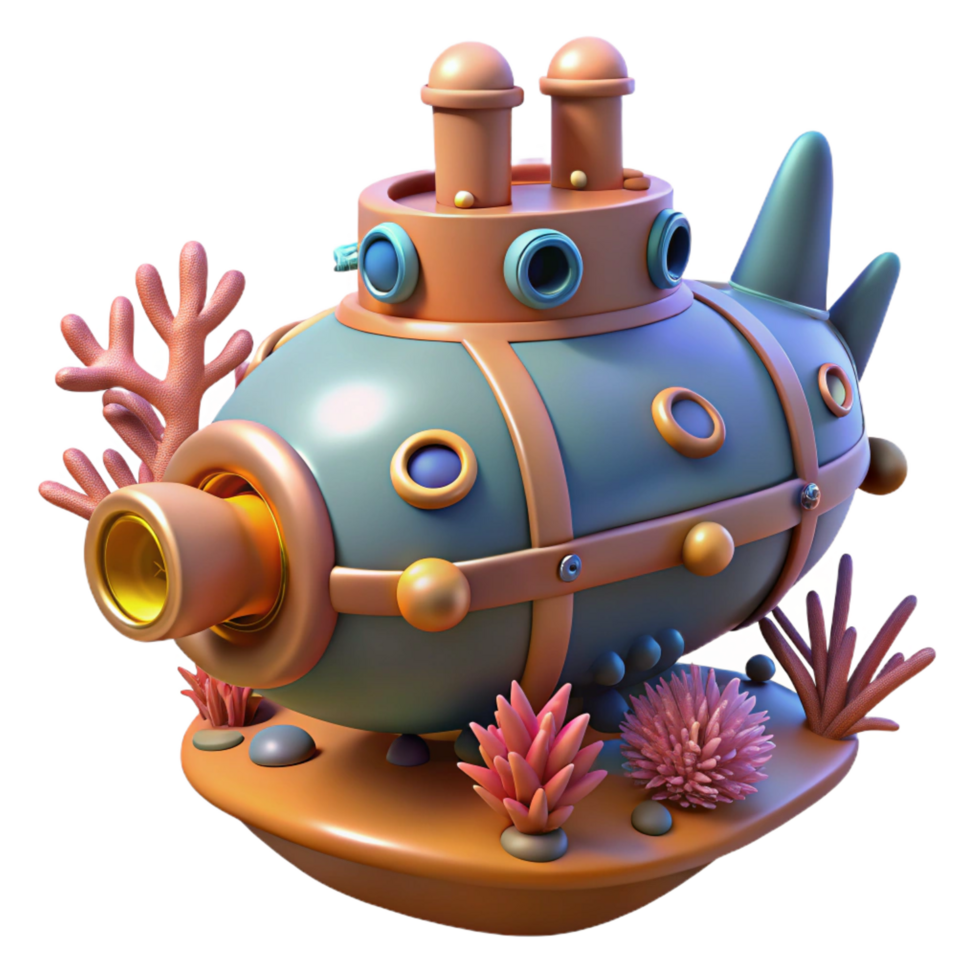bold glorious A steampunk submarine navigating a coral reef, vibrant, underwater lighting, science fiction style ultra HD png