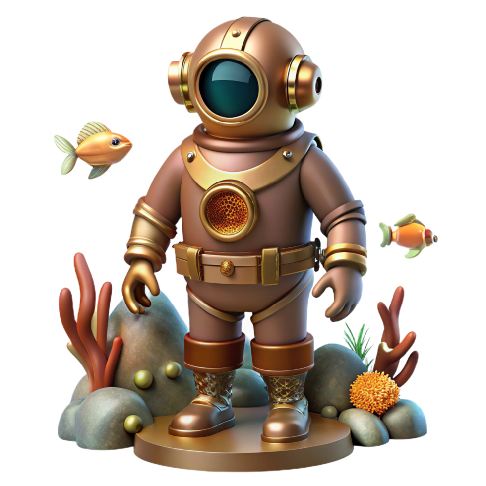 iconic modern A steampunk diving suit with brass helmet and riveted leather, standing on the ocean floor amidst coral and fish, underwater lighting, realistic style professional png