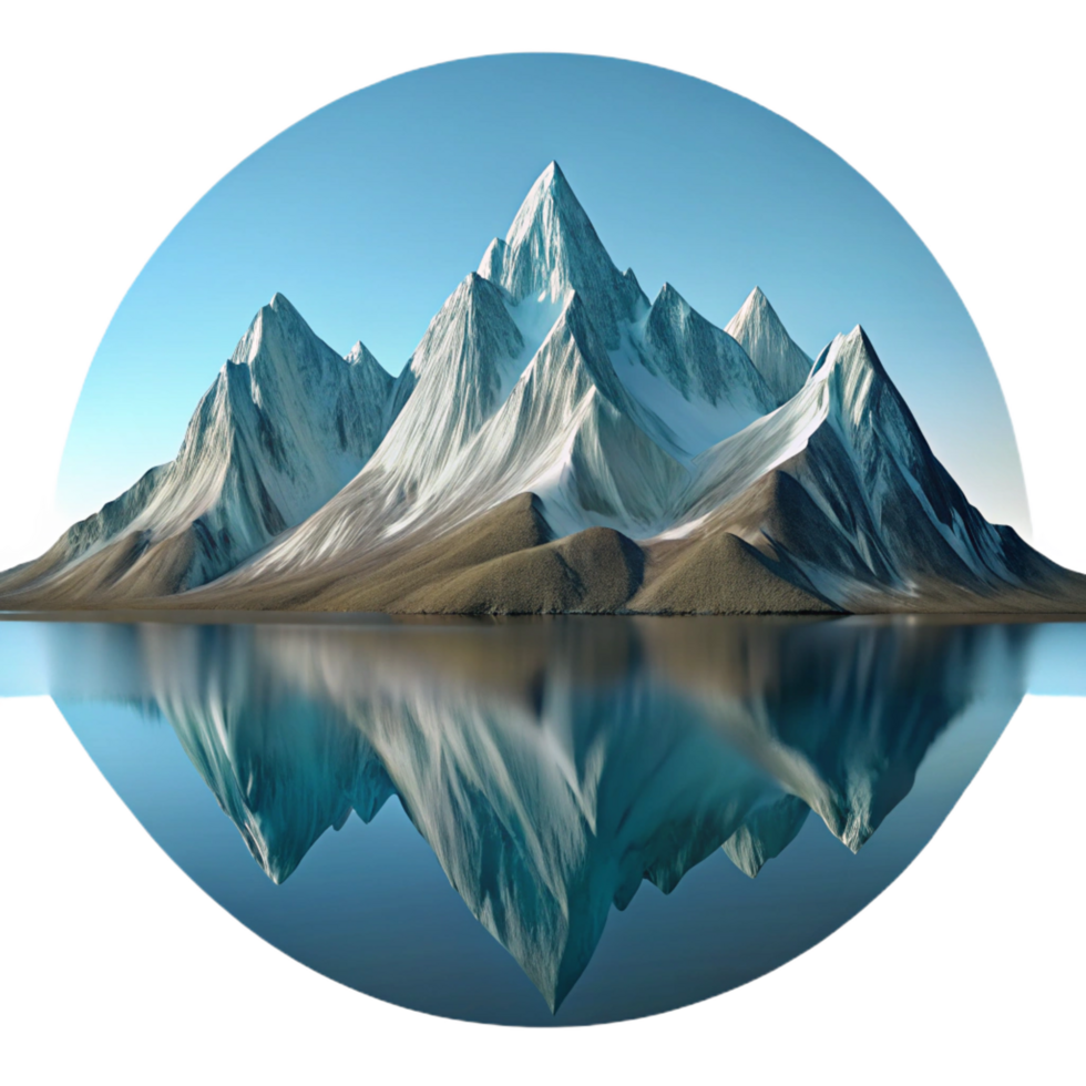 playful alluring A majestic mountain range reflected in a still lake. Mirrored reflection, serene atmosphere authentic png