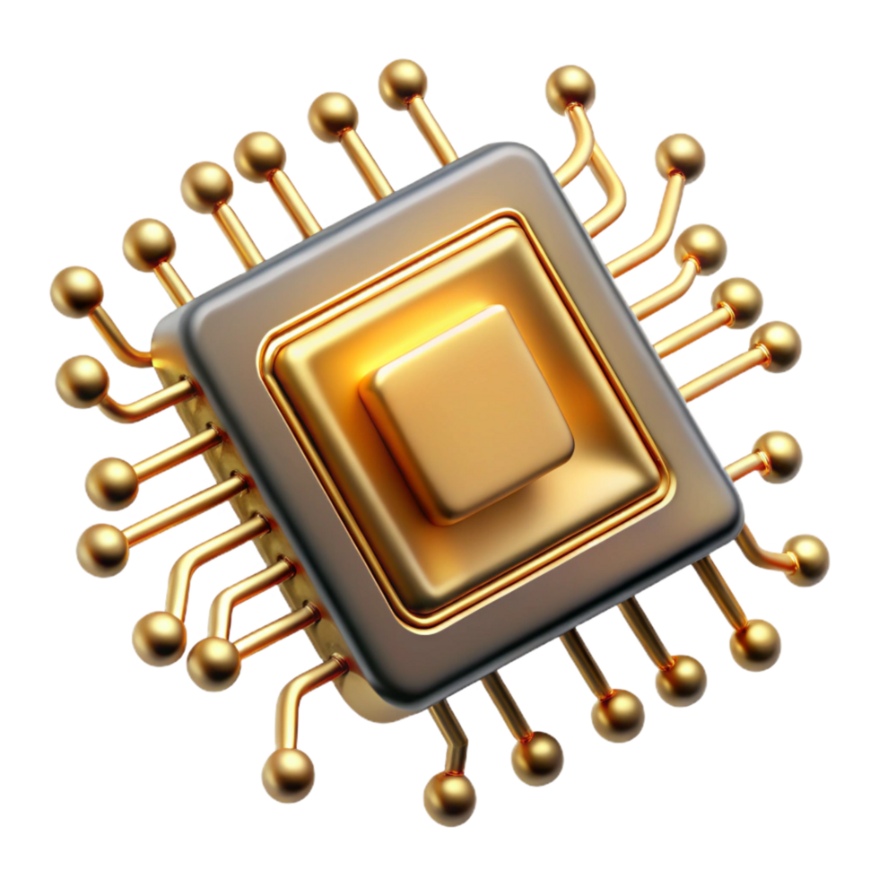 signature creative A single microchip, its golden connectors gleaming, suspended in a network of swirling binary code, dark background with pinpoint lighting, photorealistic style exclusive png
