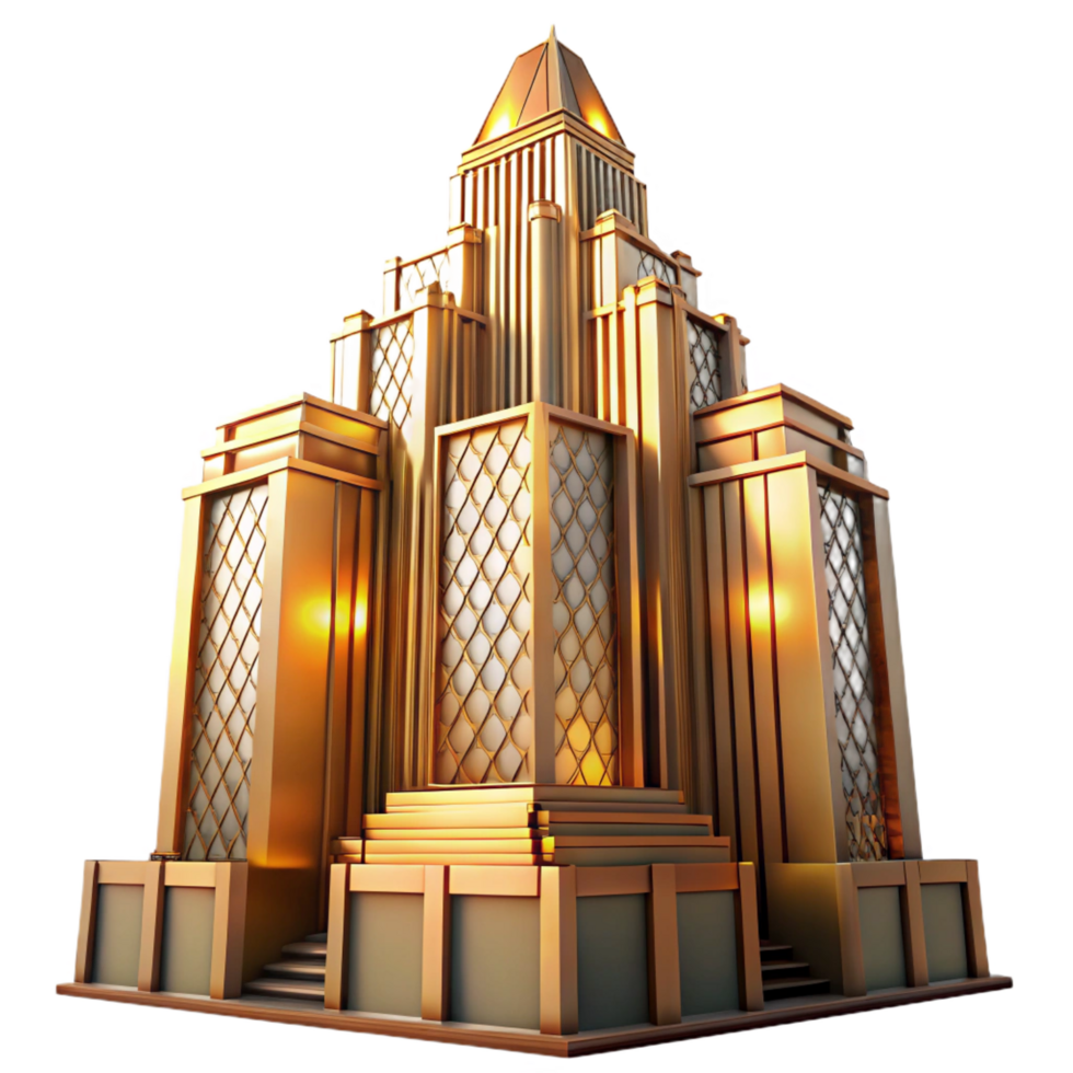 mysterious dramatic Art Deco skyscraper, intricate geometric facade, golden hour lighting, volumetric lighting, ray tracing, highly detailed, octane render, exclusive png
