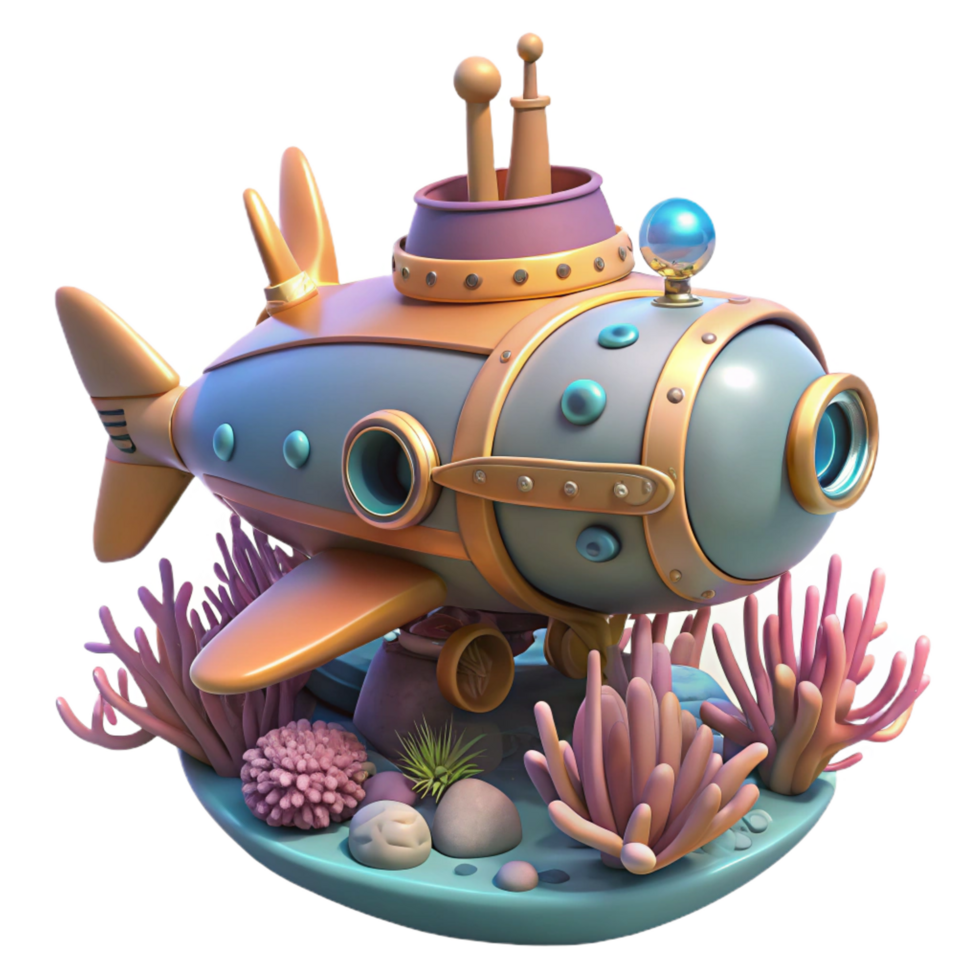 dynamic enchanting A steampunk submarine navigating a coral reef, vibrant, underwater lighting, science fiction style gallery standard png