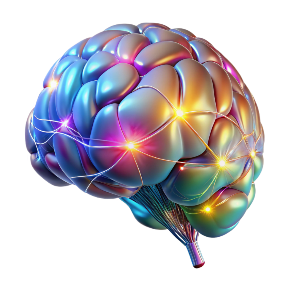 unforgettable elegant A holographic projection of a human brain, intricate neural pathways illuminated in different colors, dark background, scientific visualization style professional png