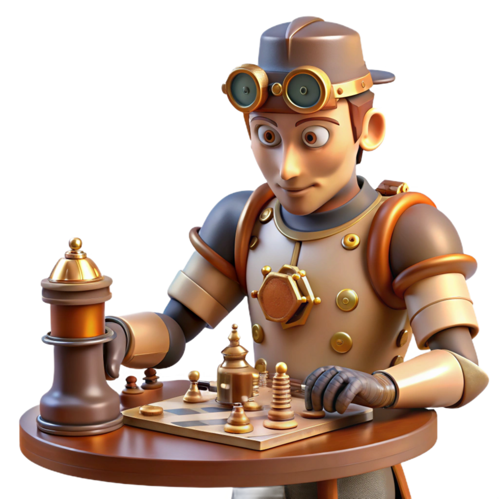 breathtaking unforgettable A steampunk automaton playing chess against a human, intellectual, ambient lighting, realistic style png
