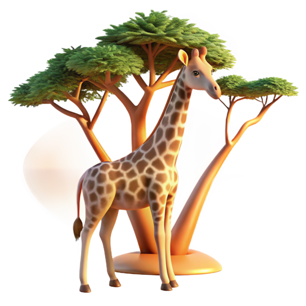 inspired minimalist A graceful giraffe reaching for leaves on a tall tree, realistic style, warm sunset lighting, long shadows 4K png