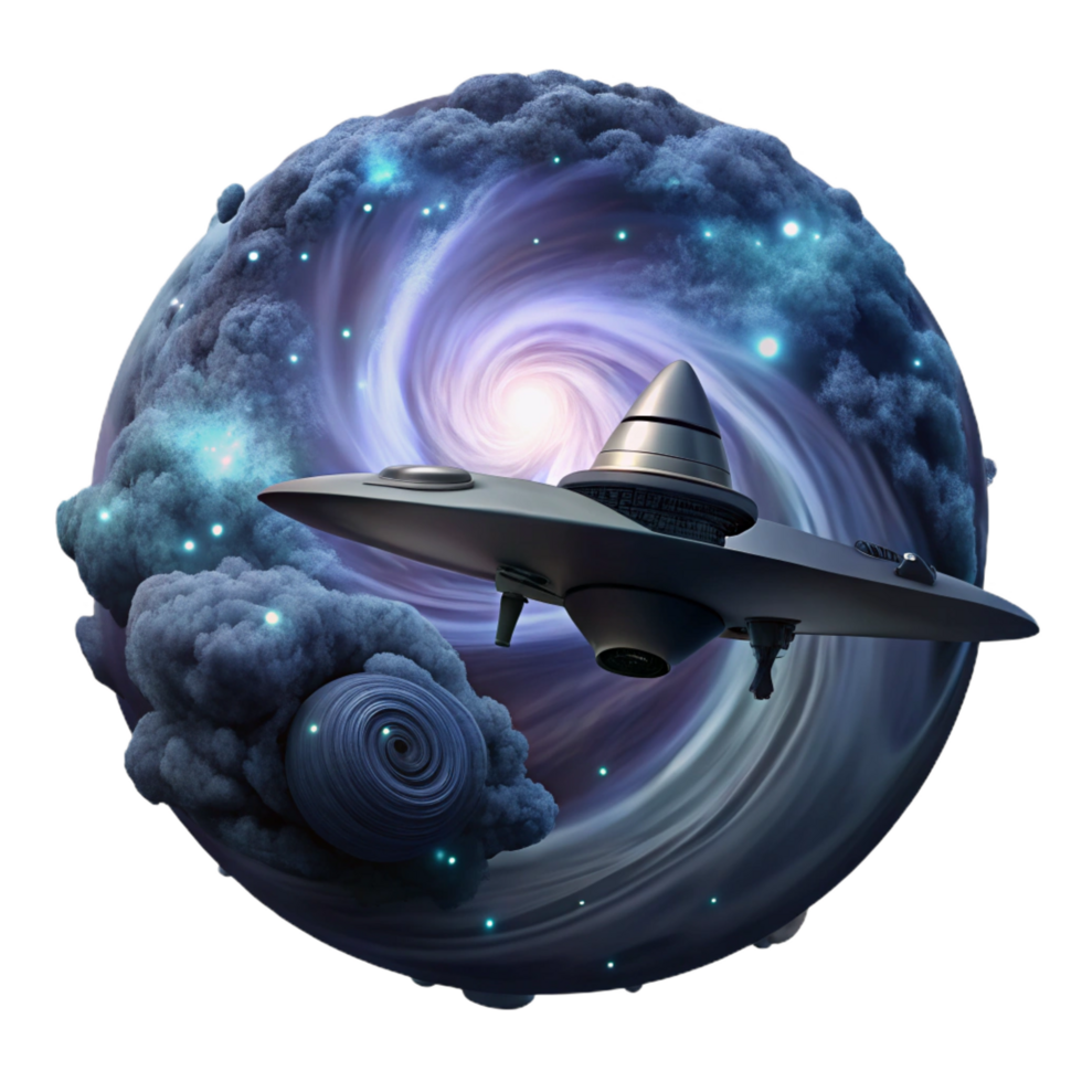 melancholic sumptuous A lone spaceship, silhouetted against a giant, swirling nebula, journeys through the vastness of space. Dramatic, backlighting. Space opera style handcrafted png