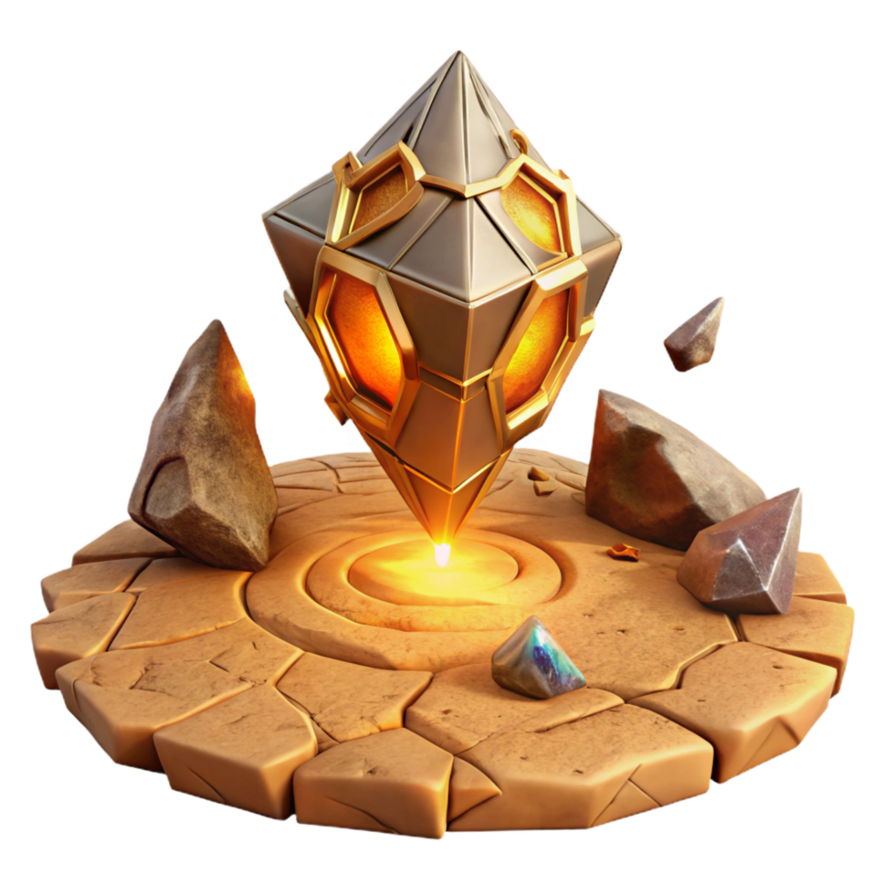 celebrated art deco An ancient alien artifact, covered in glowing runes, levitates above a cracked desert floor. Warm, golden lighting. Fantasy art style top tier png