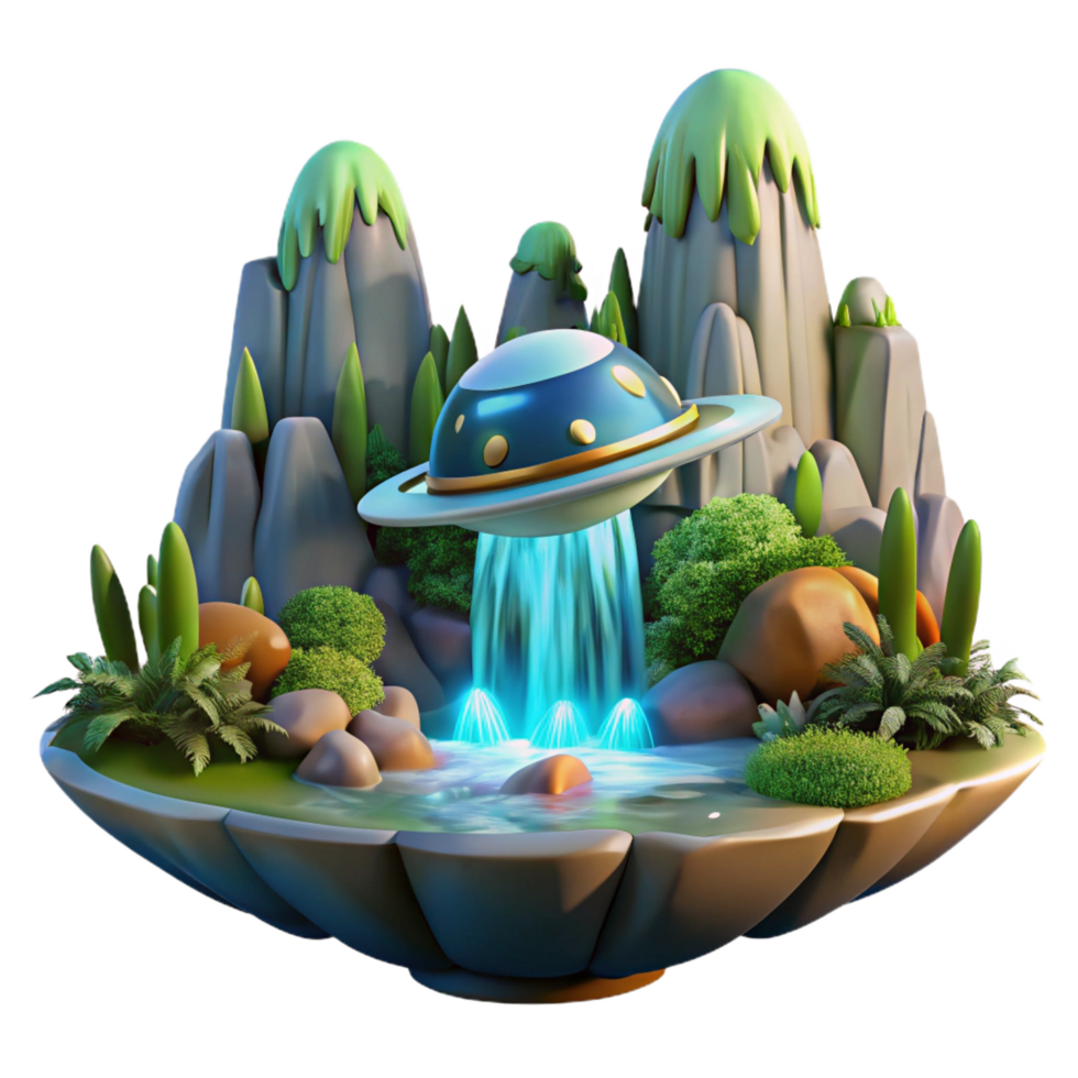 distinguished creative A spaceship landing on a water covered planet, cascading waterfalls and lush vegetation, tranquil and serene, fantasy art style ultra HD png