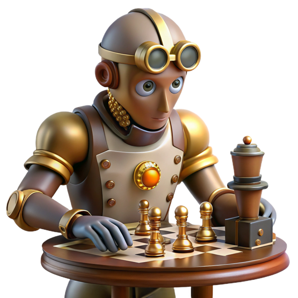 extraordinary melancholic renaissance A steampunk automaton playing chess against a human, intellectual, ambient lighting, realistic style elite png