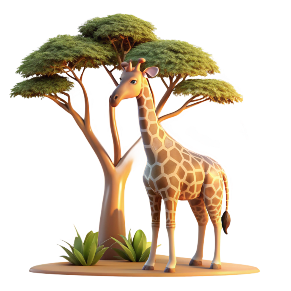 mesmerizing coveted A graceful giraffe reaching for leaves on a tall tree, realistic style, warm sunset lighting, long shadows png