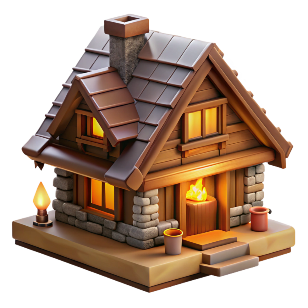 dramatic striking Swiss chalet, wood and stone, snowy mountain backdrop, warm firelight, cozy, rustic style 8K png