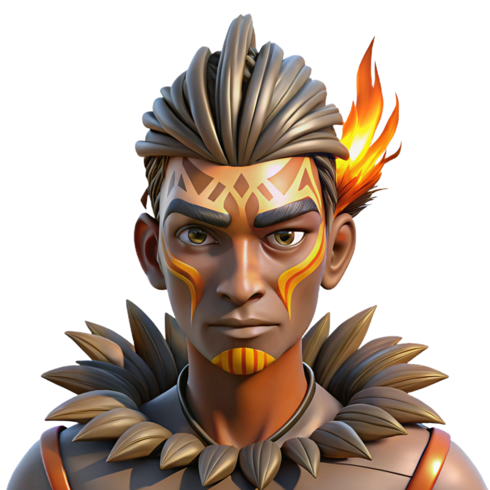 fascinating unforgettable Portrait of a tribal warrior with intricate face paint and feathers, lit by a bonfire, indigenous art style png