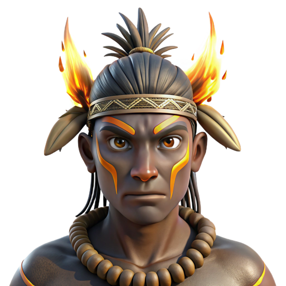 breathtaking unforgettable Portrait of a tribal warrior with intricate face paint and feathers, lit by a bonfire, indigenous art style png