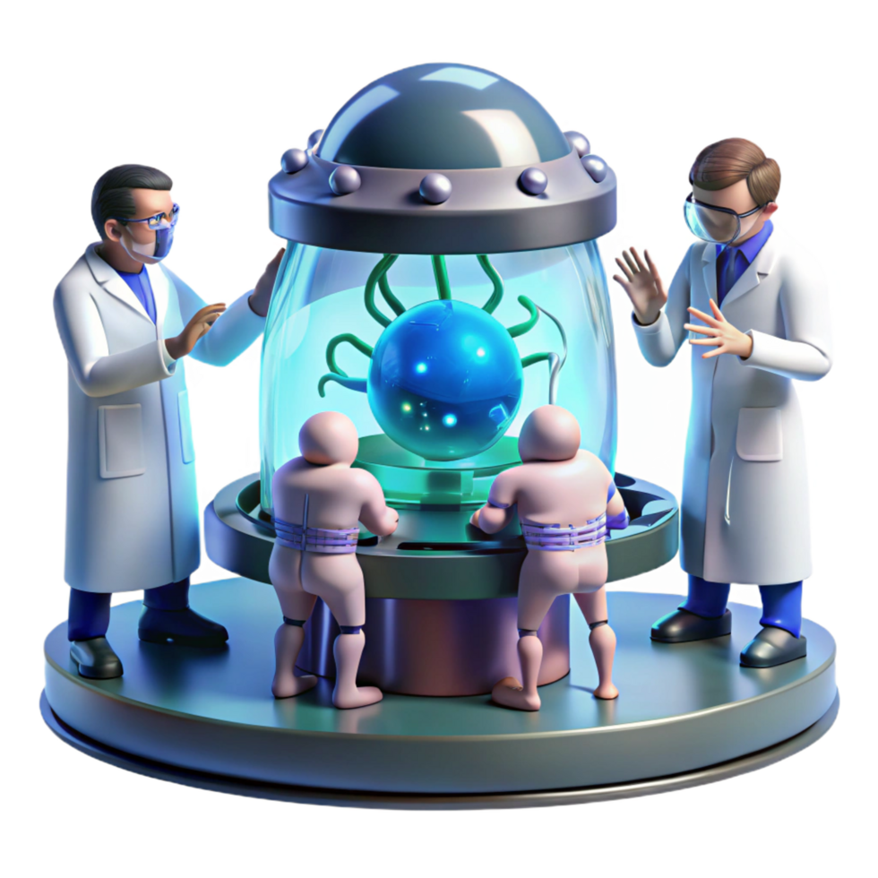 standout elegant A group of scientists in a futuristic laboratory, examining a strange alien organism contained within a force field. Bright, sterile lighting. Sci fi horror style 8K png