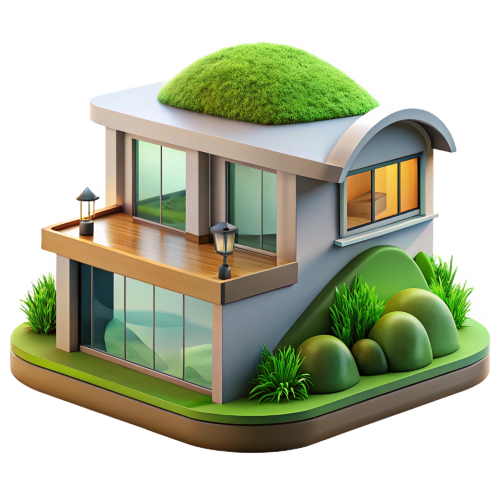 immaculate nostalgic renaissance A modern, eco friendly house built into a hillside, green roof, natural lighting, sustainable architecture, high quality png
