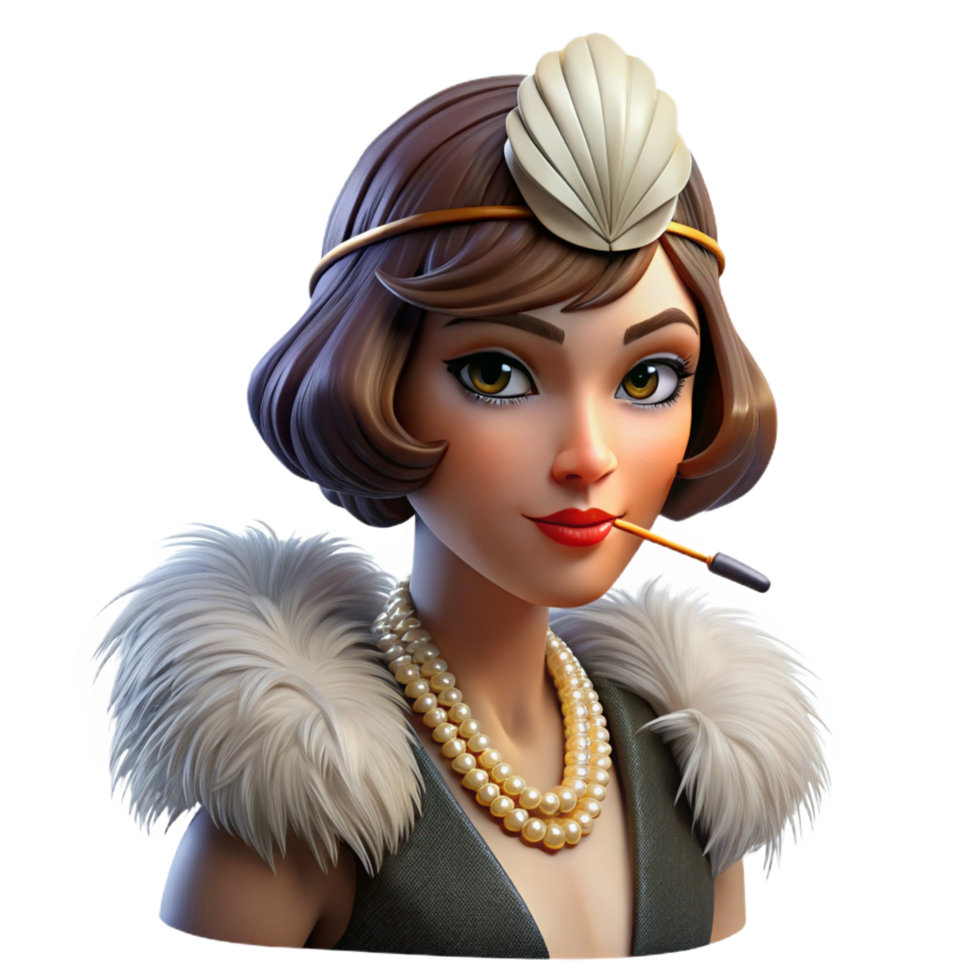 sought after minimalist Portrait of a glamorous flapper girl with bobbed hair, a feathered headband, and a cigarette holder. Warm, vintage lighting. Art Deco style authentic png