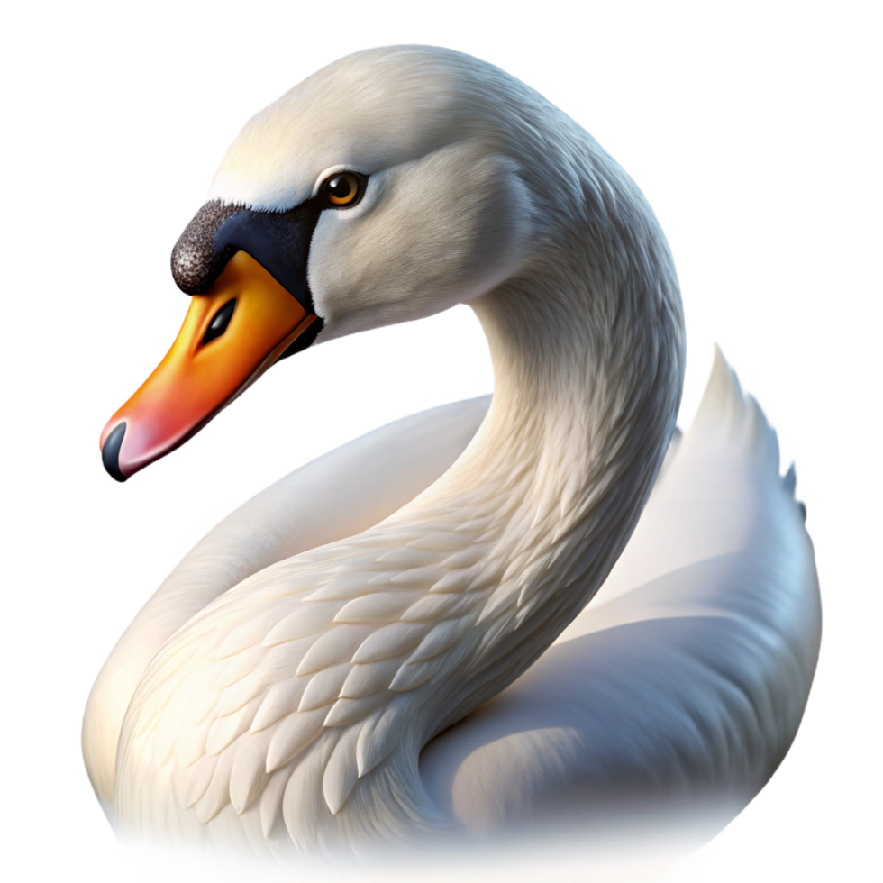 elegant inspired Portrait of a graceful swan with pristine white feathers, serene lake lighting, realistic painting style png