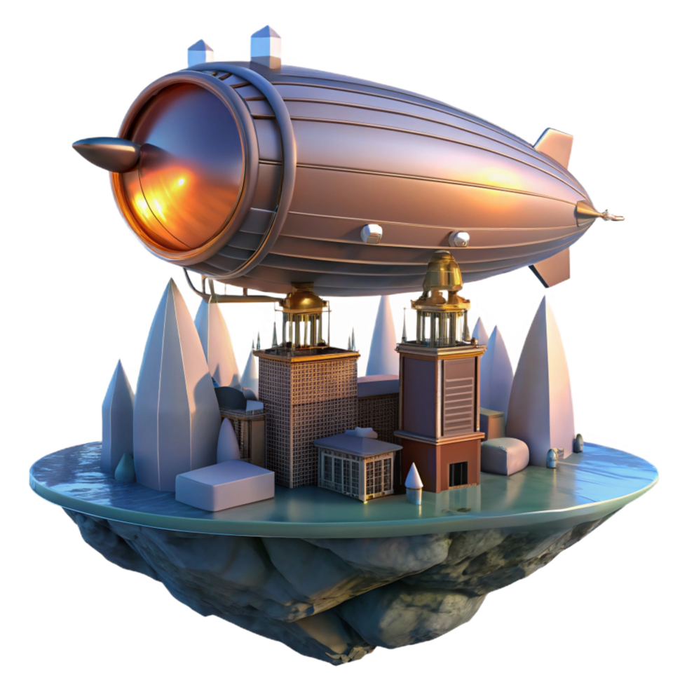 unforgettable retro A steampunk zeppelin docking at a floating city, futuristic, sunset lighting, science fiction style artisan png