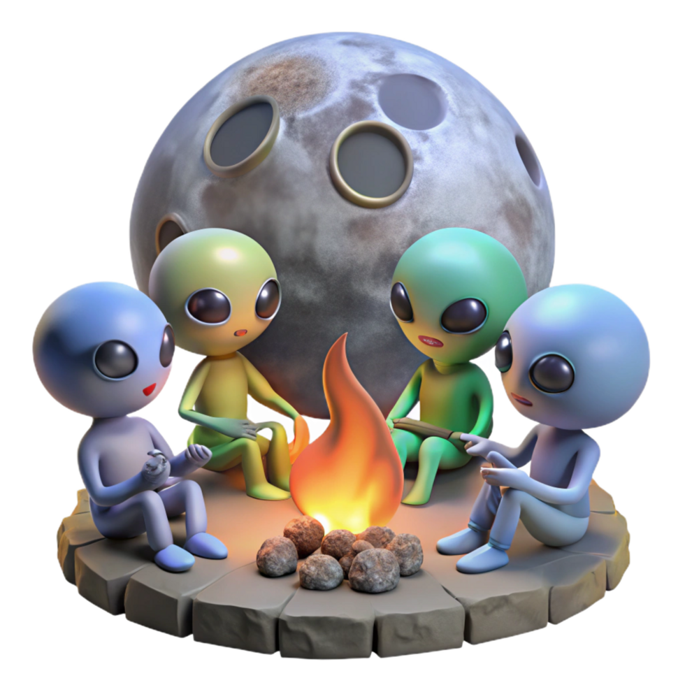 sumptuous standout A group of aliens gathered around a campfire, telling stories under the light of a strange alien moon. Fantasy art style, warm and inviting png