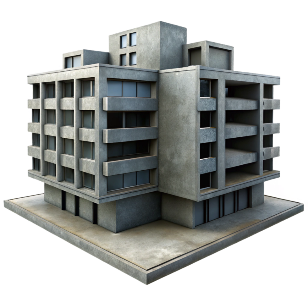 immaculate harmonious traditional A Brutalist concrete apartment complex, harsh shadows, overcast sky, dystopian atmosphere, photorealistic, studio quality png