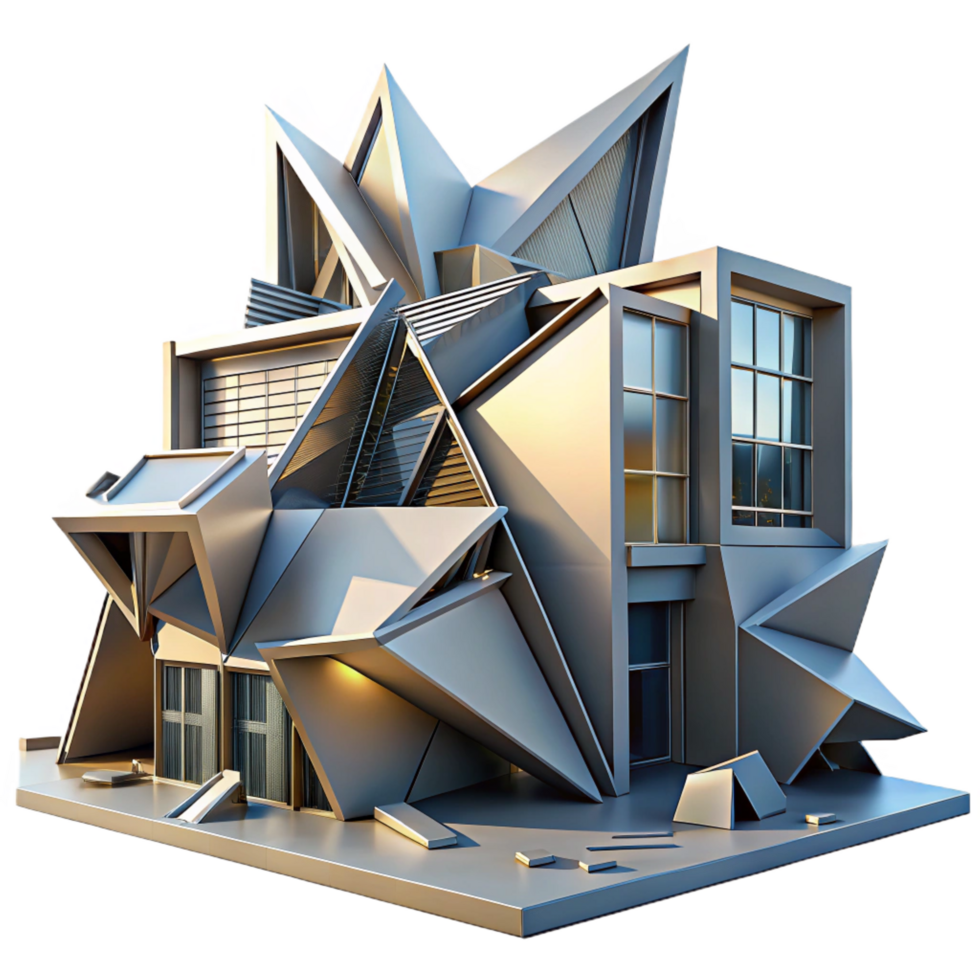 bold vibrant Deconstructivist building, fragmented forms, sharp angles, dynamic lighting, abstract, architectural style sharp png