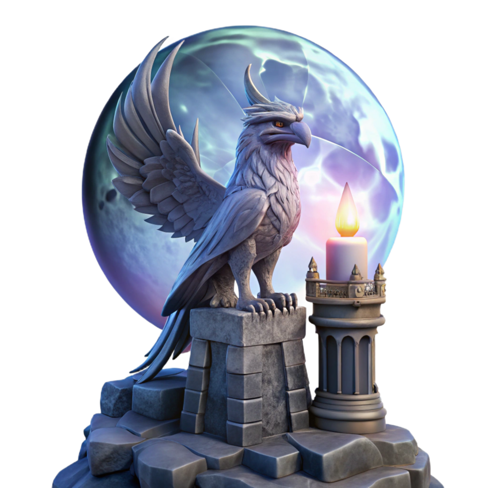 impressive iconic A majestic griffin perched atop a crumbling obsidian tower, illuminated by the ethereal glow of a full moon, painted in a hyperrealistic style png