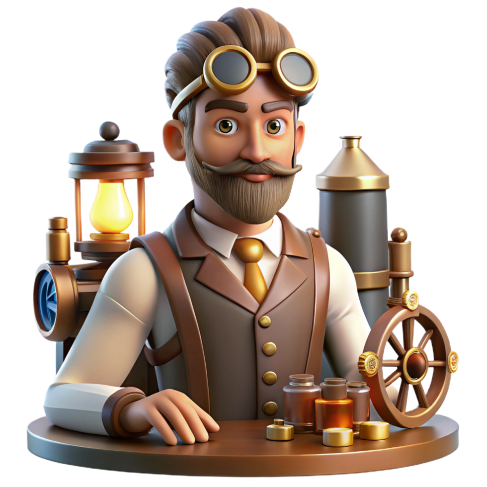 glorious timeless A portrait of a steampunk inventor in his workshop, surrounded by tools and gadgets, warm, ambient lighting, realistic style png