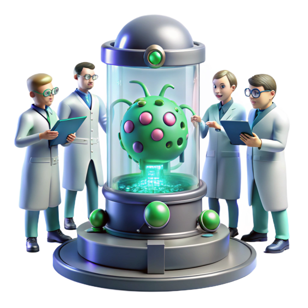 pristine passionate modern A group of scientists in a futuristic laboratory, examining a strange alien organism contained within a force field. Bright, sterile lighting. Sci fi horror style ultra HD png