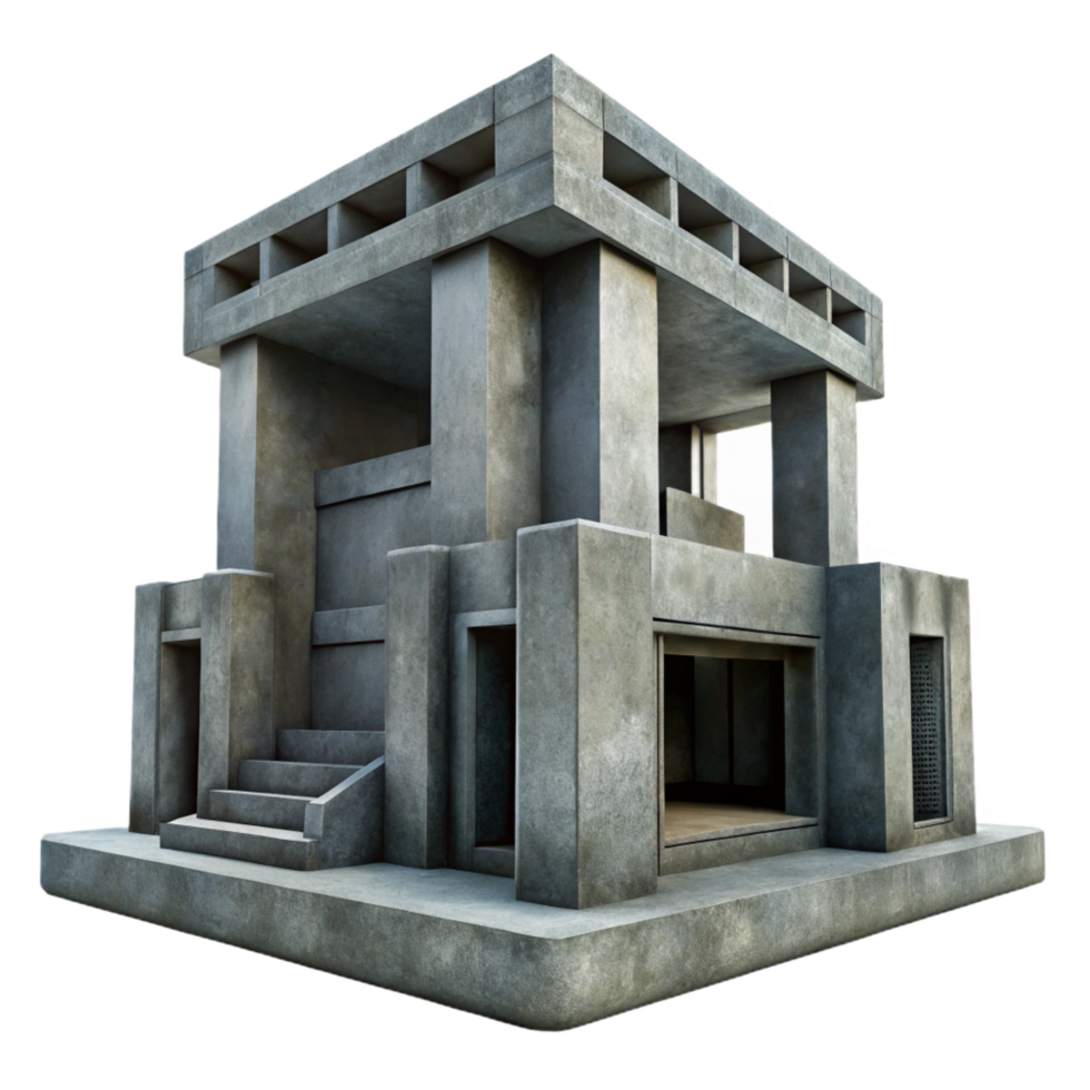 whimsical spectacular Brutalist concrete structure, harsh geometric shapes, overcast lighting, bleak, dystopian style sharp png