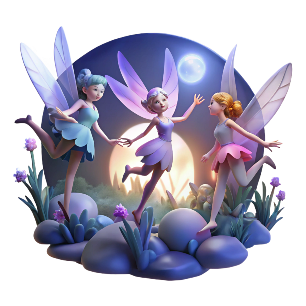 pristine remarkable A group of fairies flying through a moonlit forest, soft, magical lighting, fantasy art style png