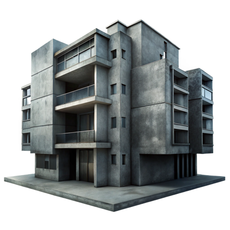 enchanting vintage A Brutalist concrete apartment complex, harsh shadows, overcast sky, dystopian atmosphere, photorealistic, ultra HD png